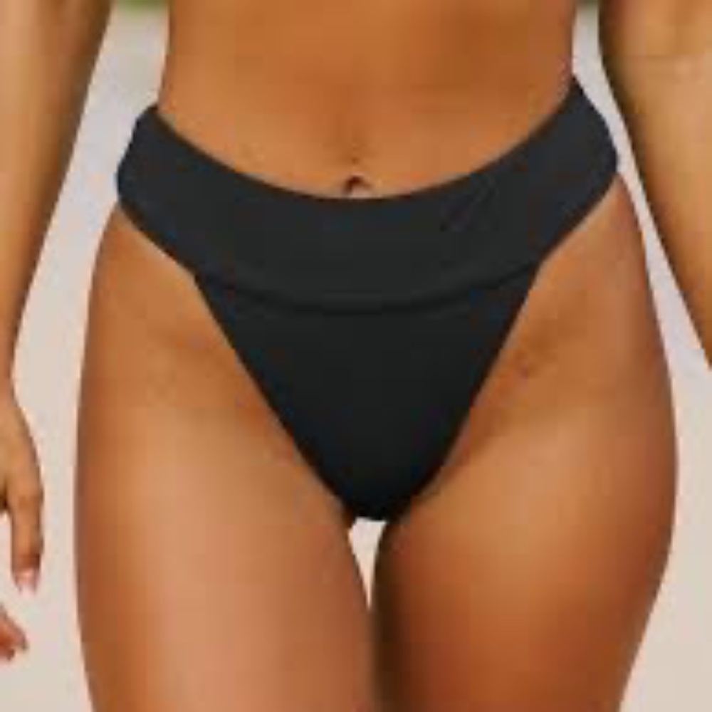 Berlook - Black Ribbed High Cut Wide Waistband Bikini Bottom